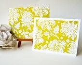 Chartreuse And White Damask Notecards - Set Of 6