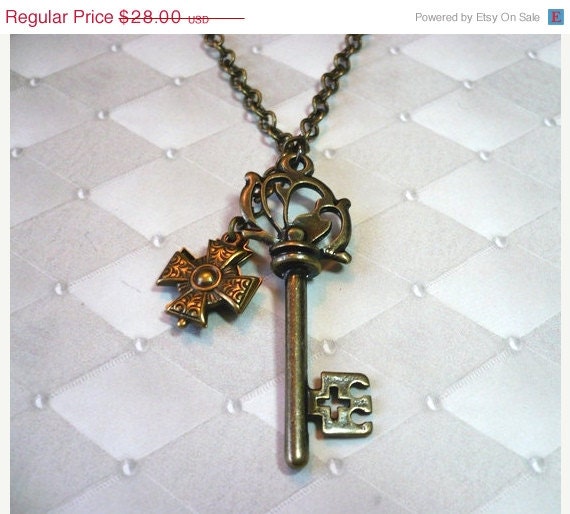 Sale 25% Off Skeleton Key with Iron Cross Charm Necklace