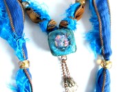 Beaded Silk Ribbon Turquoise Raku Pottery Dichroic Glass Pendant Necklace - Handmade in US - Copper Metallic Ceramic Jewelry