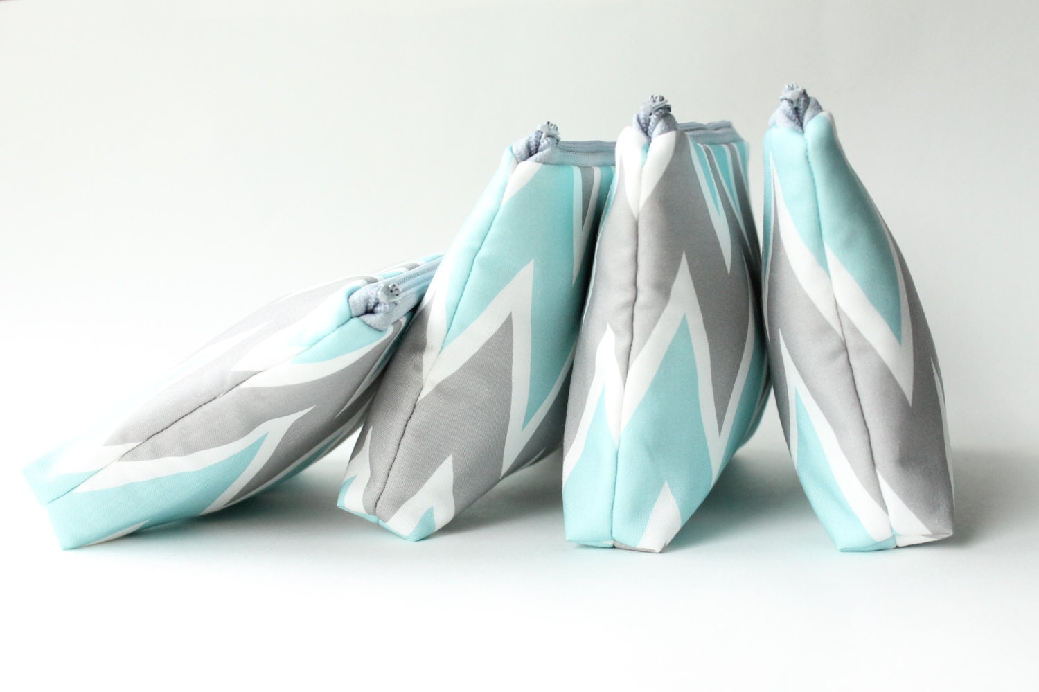 Cosmetic Bag Set of 4, Bridesmaid Gift, Zipper Pouch, Make Up Bag, Design Your Own, Aqua, Grey, Chevron