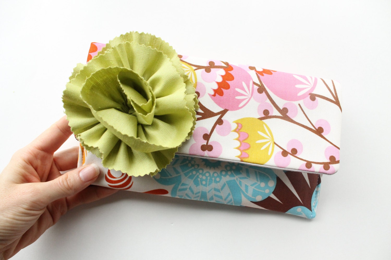 Clutch Purse in Spring Pink Floral with Apple Flower Brooch, Bridesmaid Clutch, Wedding Clutch, Fold Over Clutch