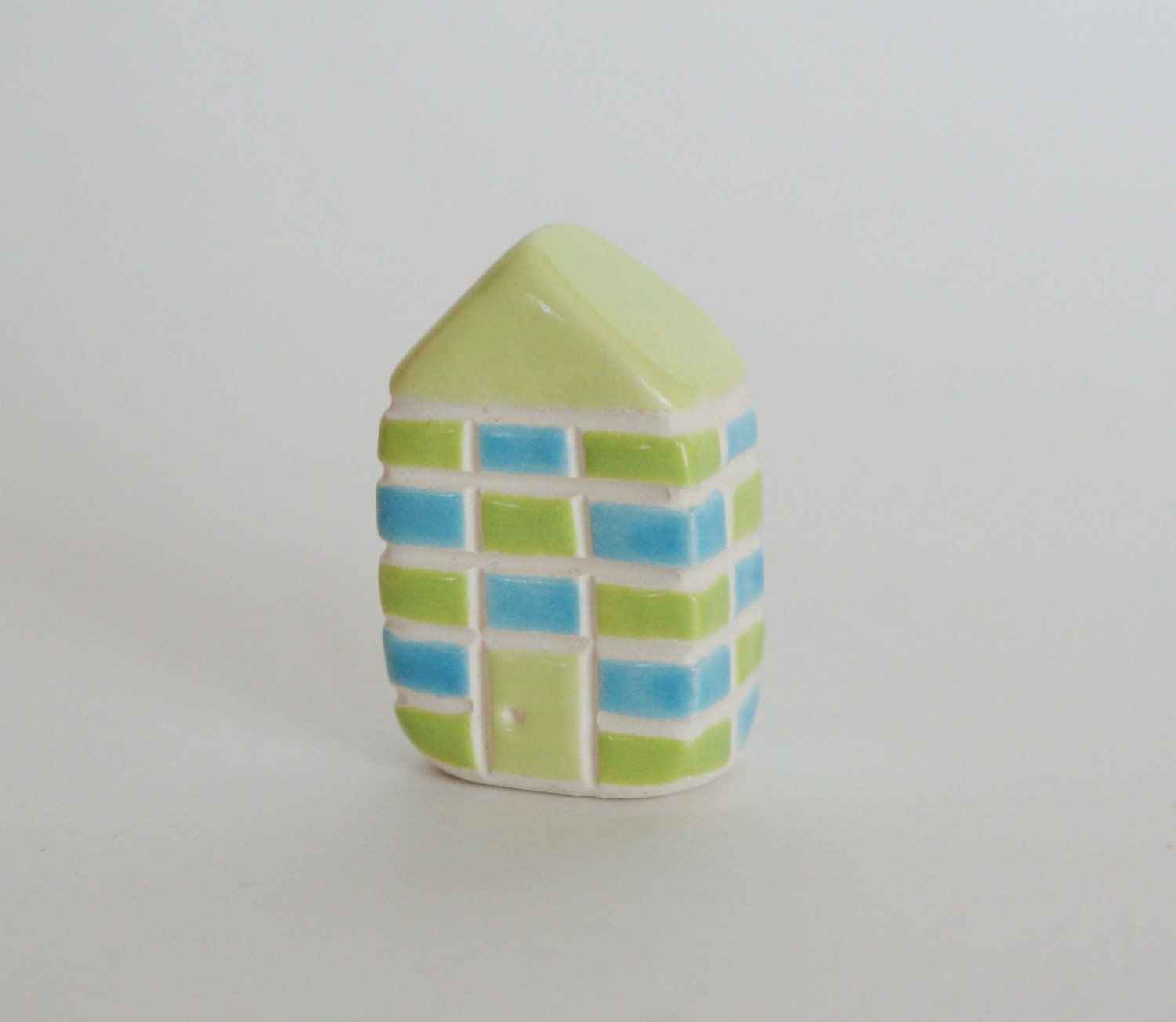 Miniature Brick Ceramic Little Clay House Aqua Blue Lime Green Multicolor Plaid Checkers