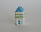 little clay house green aqua blue white striped miniature ceramic pottery home summer cottage