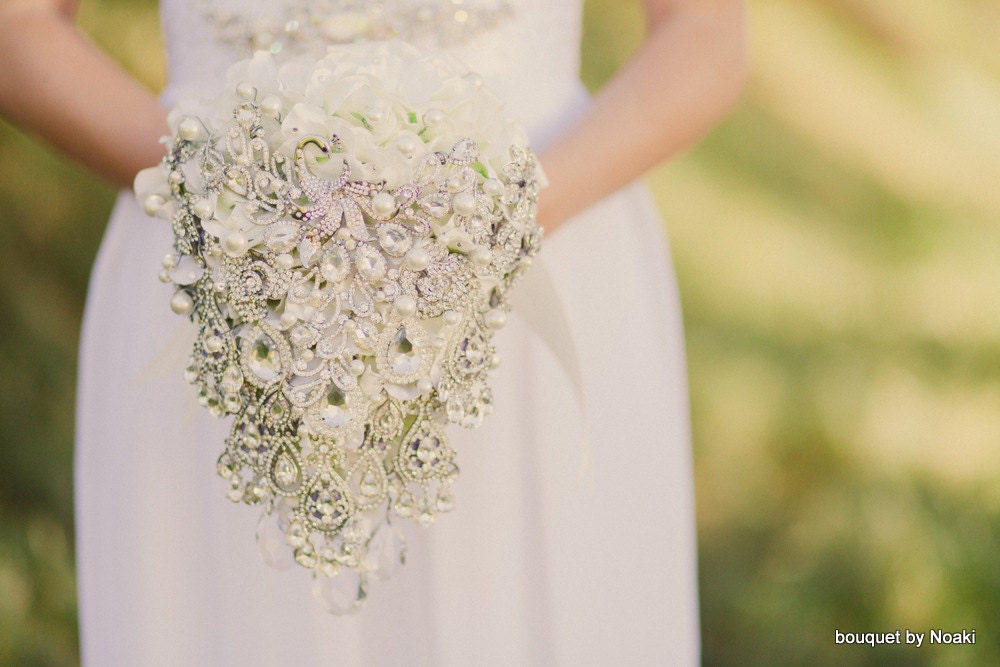 Peacock brooch bouquet -- deposit on white peacock cascading bridal brooch bouquet