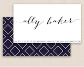 Business Card Template - Double Sided - Modern Navy Blue - Calligraphy - Diamond Pattern