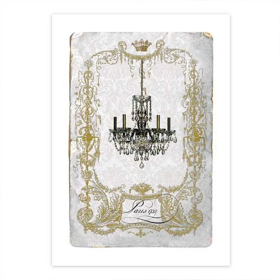 Chandelier, Art Print, Giclee, Paris, Silhouette, French, Gold border, Crown, Damask, Collage