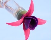 HUMMINGBIRD FEEDER--Fuchsia with Magenta Sepals and Violet Petals on Small Long-necked Bottle