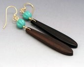 Long wood teardrop earrings with turquoise beads