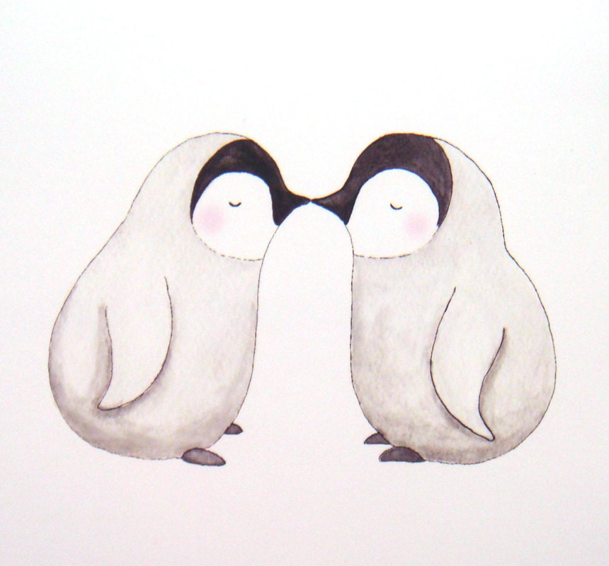 Kissing Penguins Illustration Print Black & White Soft Grey Home Wall Decor Cute Nursery Art 4x6