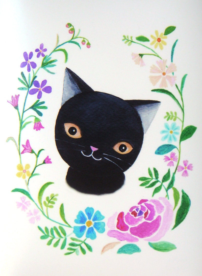 Black Cat Illustration Print Grey Colorful Floral Purple Green Blue Home Wall Decor 5x7