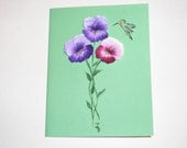 Pansies Hummingbird Card Hand Painted Pansy and Hummingbird Card