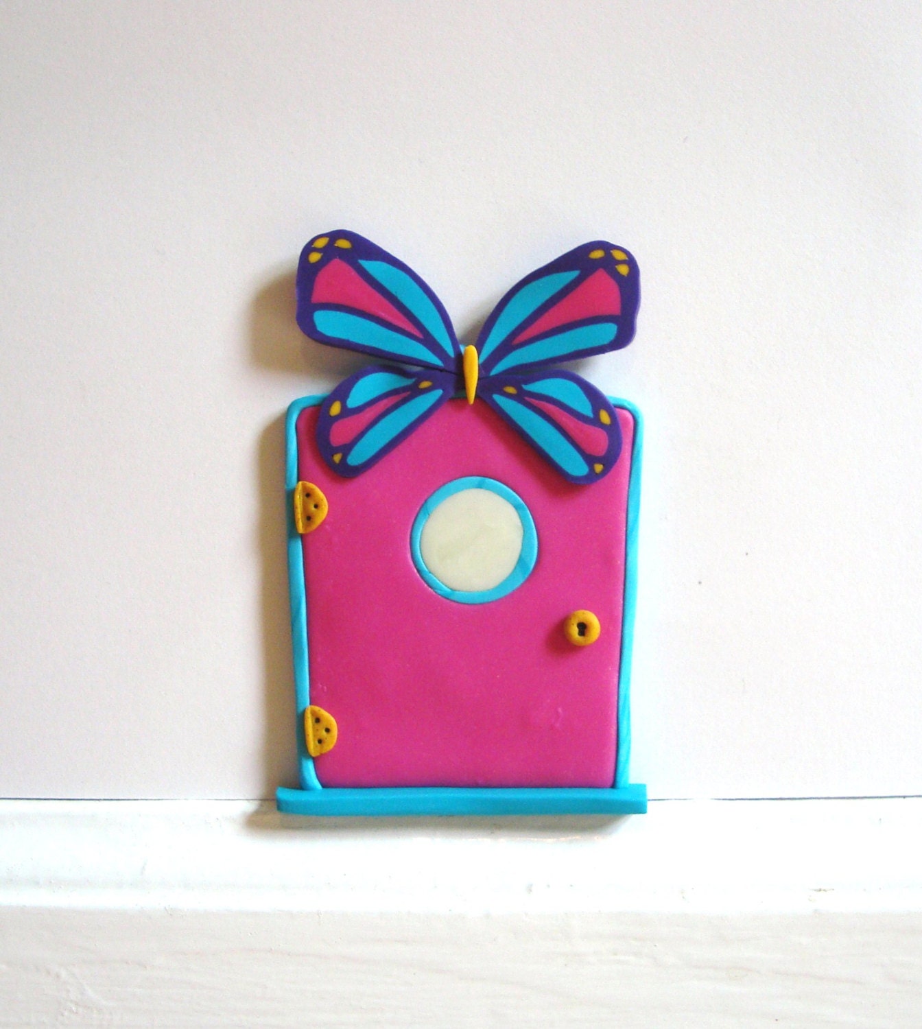 Fairy Door- Pink Sparkly with Butterfly & Glow-in-the-Dark Window- Polymer Clay