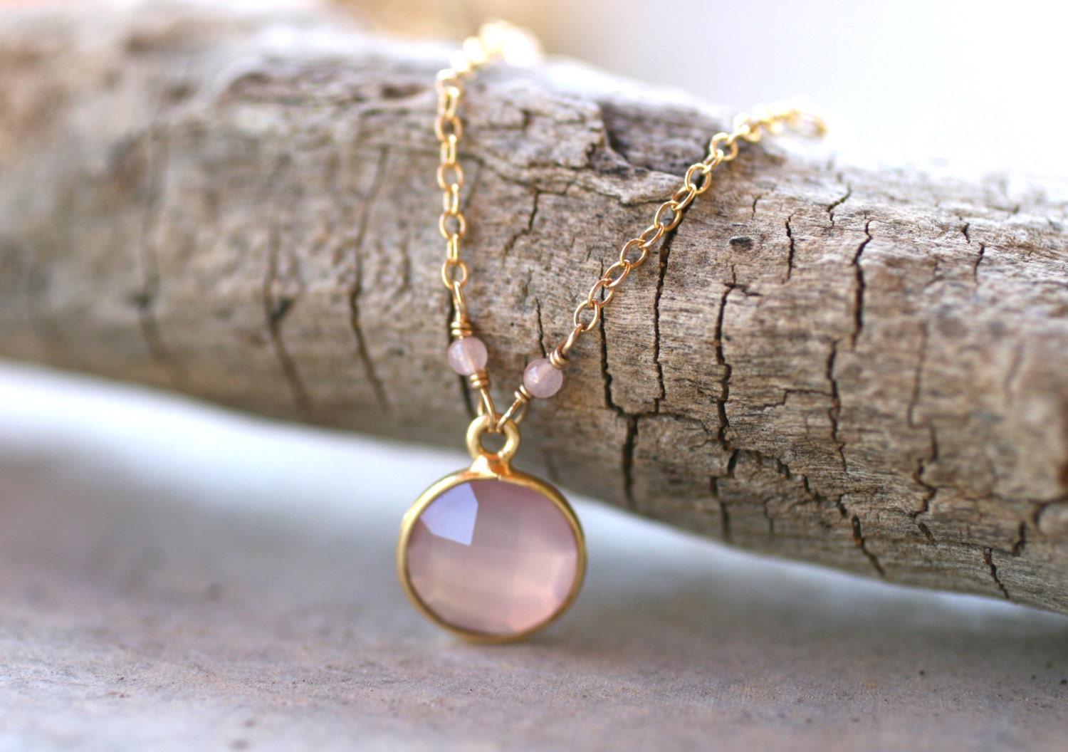 Gold Pink Rose Quartz Gemstone and 14 KT Gold Filled Handmade Necklace 16 Inches