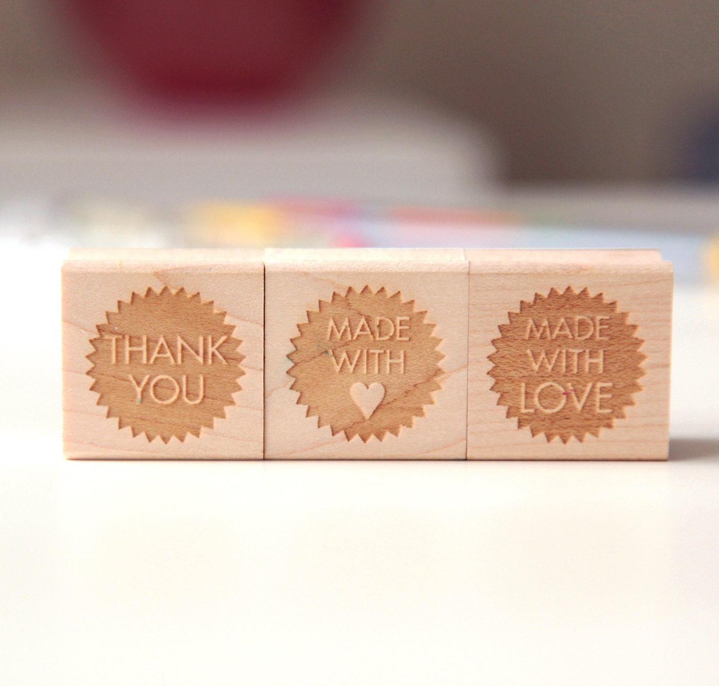 Choose 3 Mini Rubber Stamps (Wood Mounted), Thank You, Made with Love, Handmade, Monogram or Geometric Shapes Petites Collection
