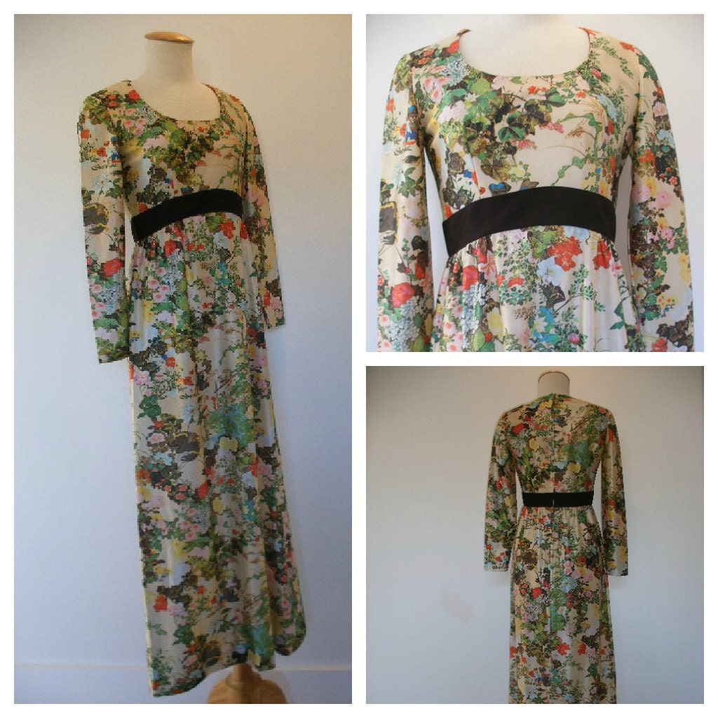 70s floral maxi gown, empire waist lace bodice, boho romantic maxi dress.