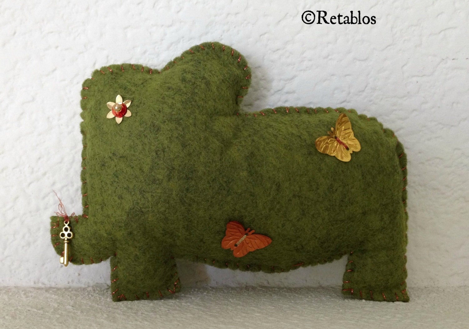 Mexican Folk Art - Retablo Fiber Art - Dream Elephant, Soft Sculpture, Home Decor, Housewarming Gift, Elephant, Key & Butterflies