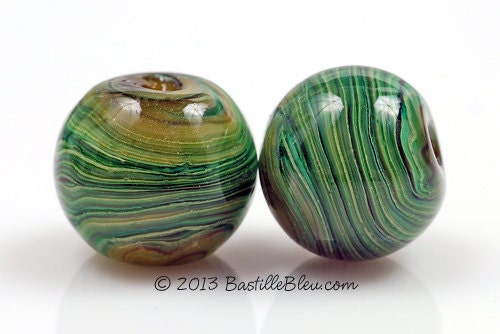 Spring Reeds Handmade Lampwork Glass Beads BASTILLE BLEU Green Striped Rounds