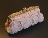 XL Frayed Chiffon Rosette Peach Nude Clutch with Antique Brass Frame