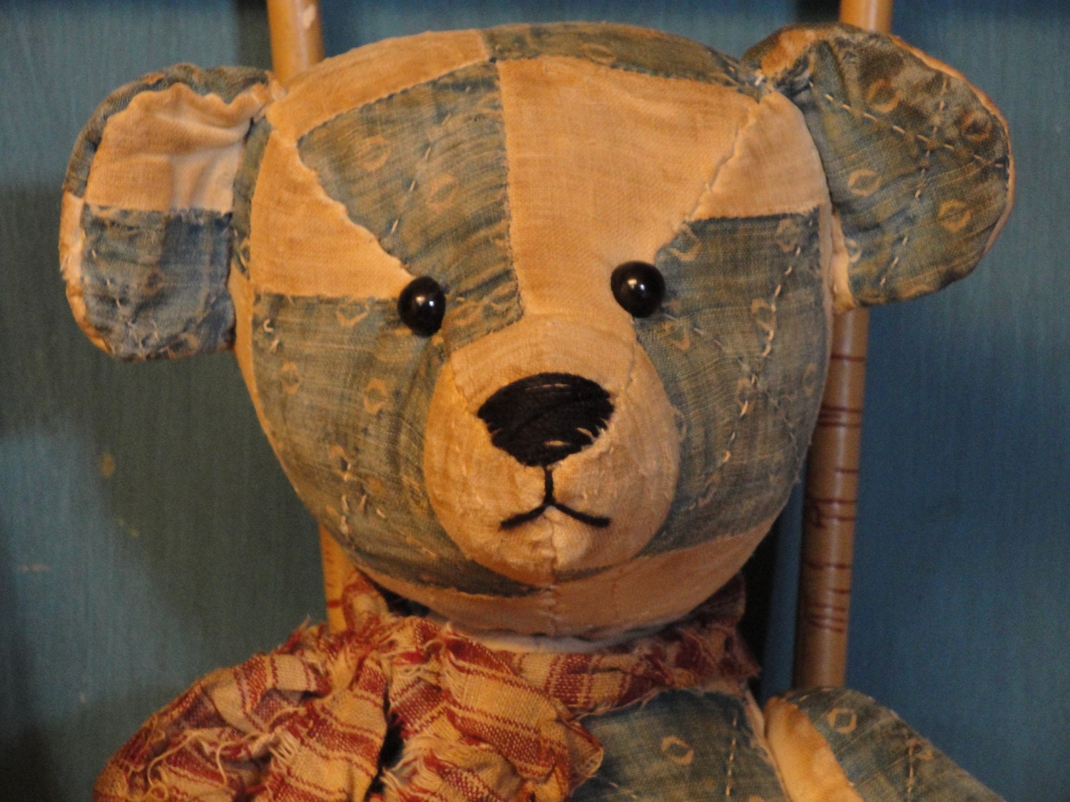 Old Quilt Bear Handsewn Jointed 13 Inches Tall