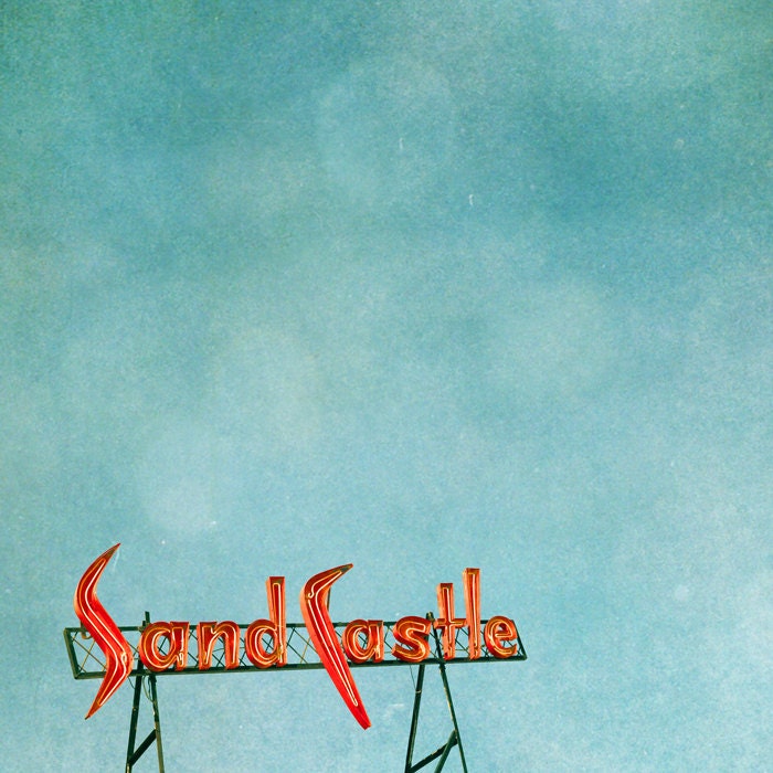 Vintage sign, Jersey Shore, kitsch, neon sign, mid century motel, retro modern, sand castle, beach vacation, red letters, blue sky