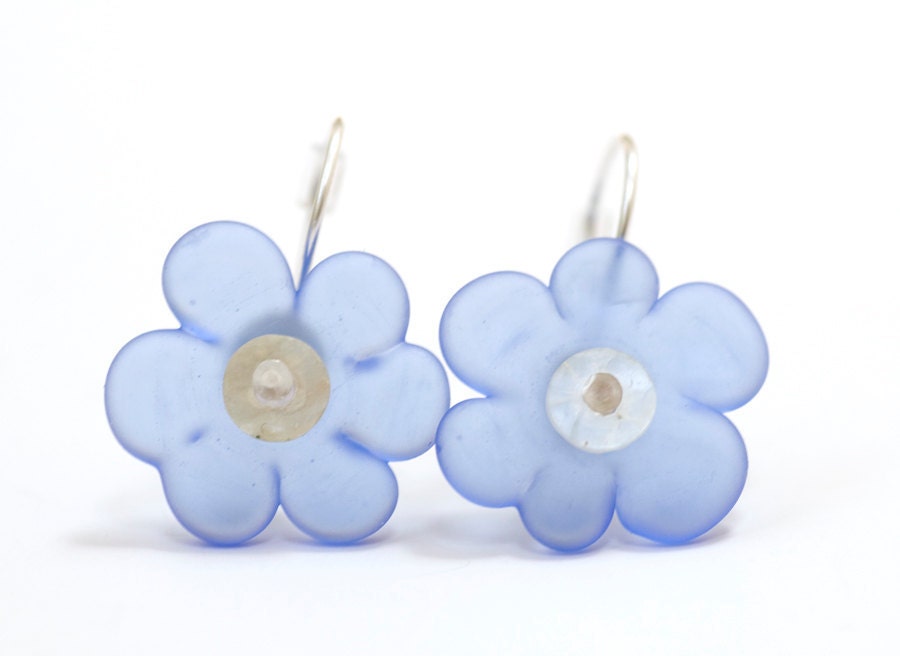 Sky Blue Sea Glass Flower Bead Earrings Handmade Lampwork Sterling Silver Made to Order