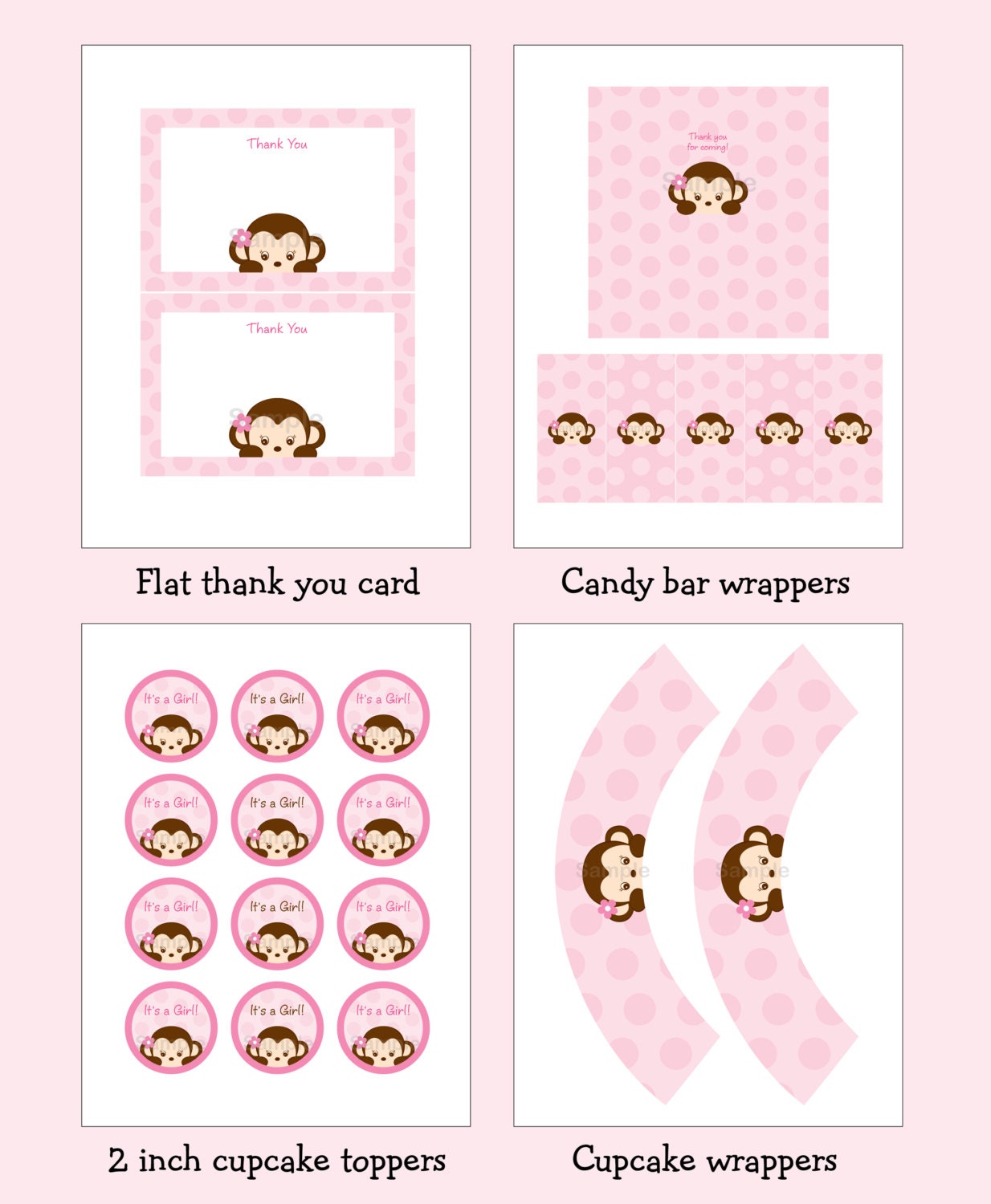 Mod Girl Monkey Printable Baby Shower Party Pack INSTANT DOWNLOAD