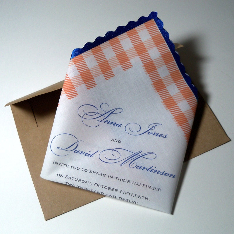Wedding invitation handkerchiefs with gingham border design set of 100
