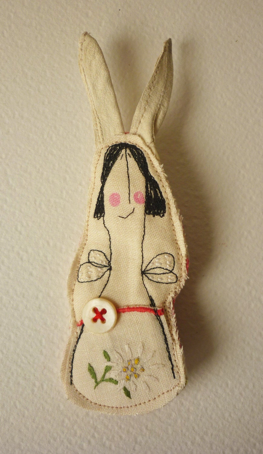 Handmade textile machine embroidered BROOCH ... Bunny Ears