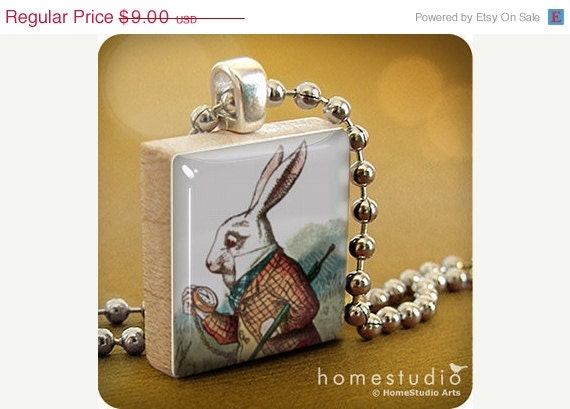 Moving Sale - WHITE RABBIT : a jewelry pendant charm made from a Scrabble Game Tile game piece