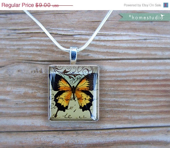 Moving Sale - PAPILLON (Yellow) : on a pendant charm made from a Scrabble Game Tile piece