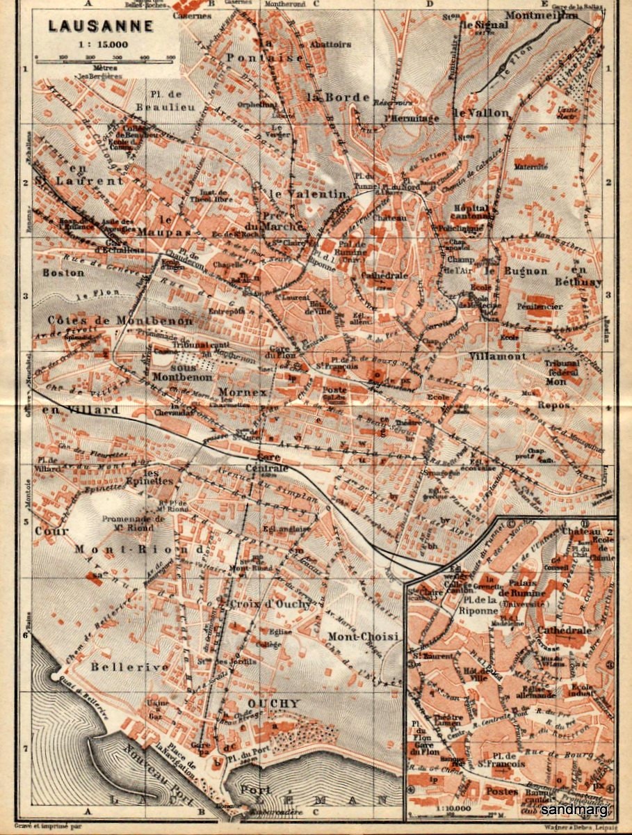 Original Antique Map of Lausanne Switzerland