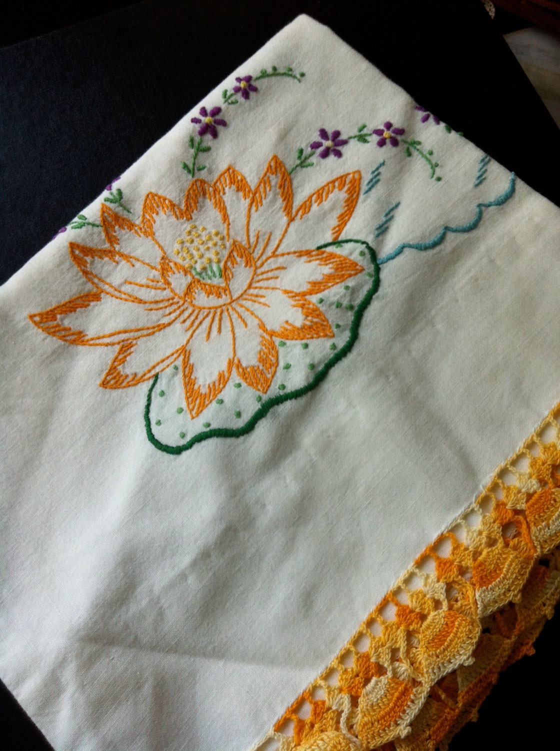 Floral  hand embroidered vintage pillowcase - standard size
