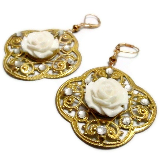 Romantic White Rose on Golden Filigree Setting Earrings