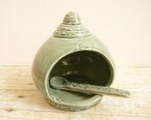 French Salt Pig Handcrafted Spoon Green Salt Cellar Ceramic Stoneware Pottery For Gourmet Cook Or Kitchen