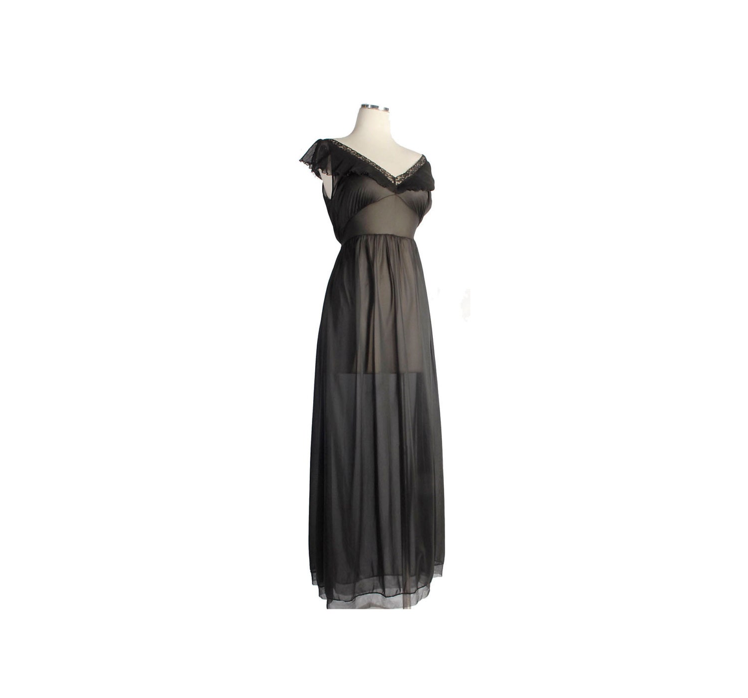 Vintage 50s Totally Sheer Black Nightgown with Ruffle Collar and Satin