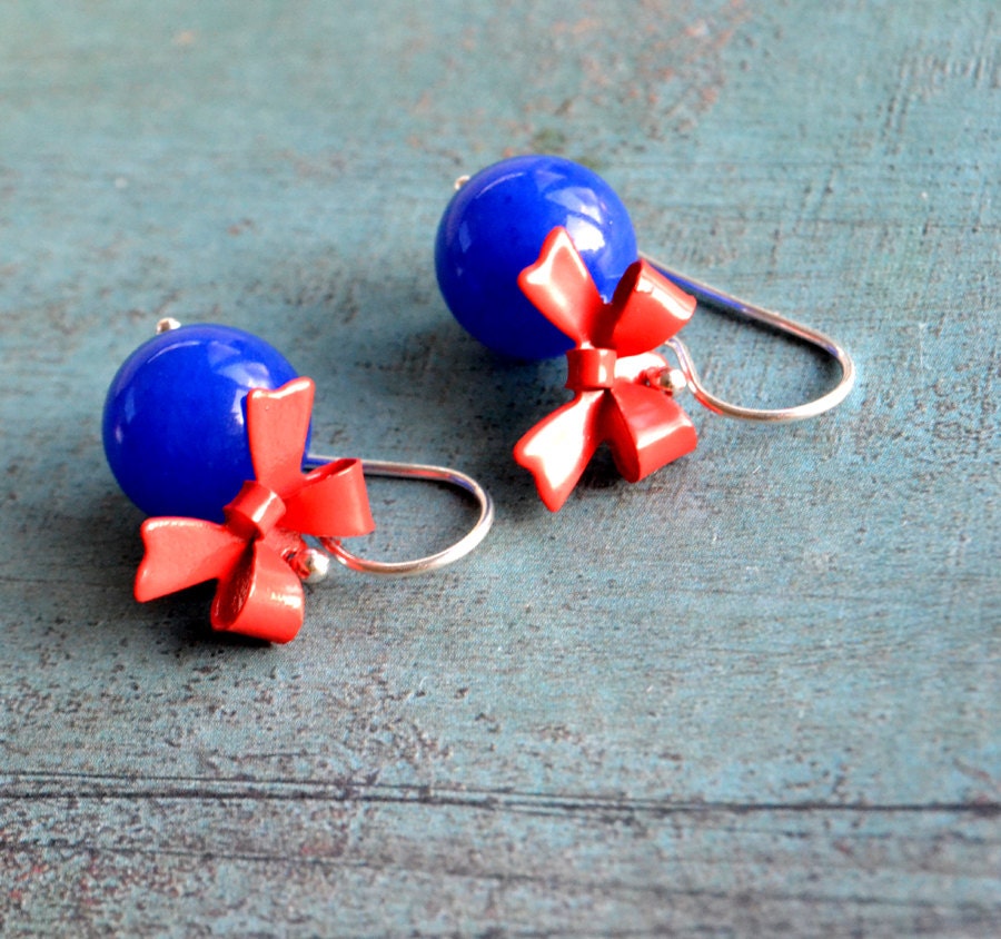 Candy Bows  Cobalt blue jade stones an red enamel bows on  sterling silver hooks