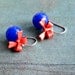 Candy Bows  Cobalt blue jade stones an red enamel bows on  sterling silver hooks