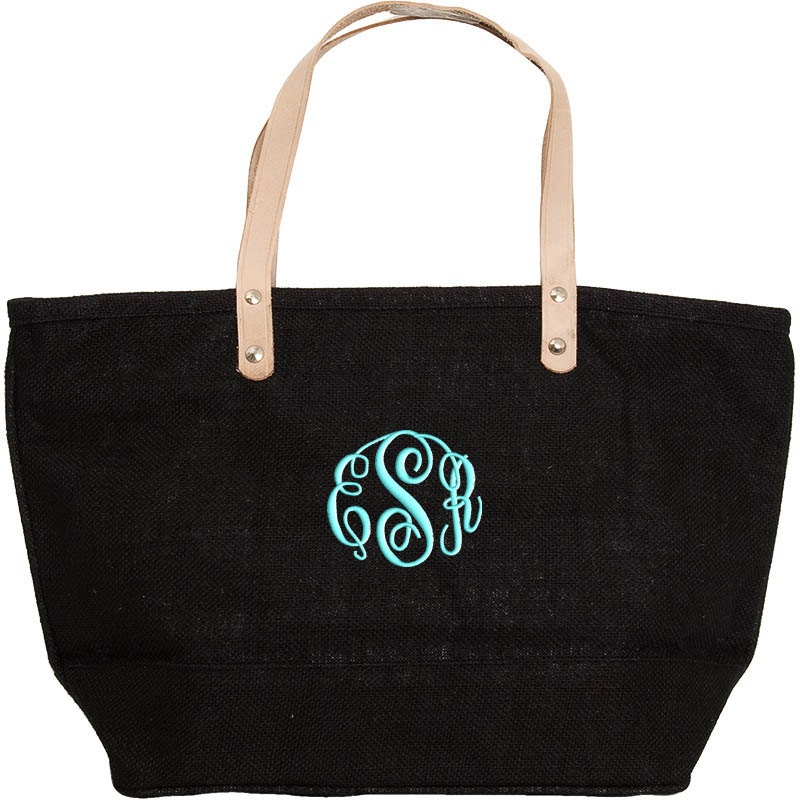 Personalized Tote Bag Black Jute Burlap Medium Monogrammed Wedding ...