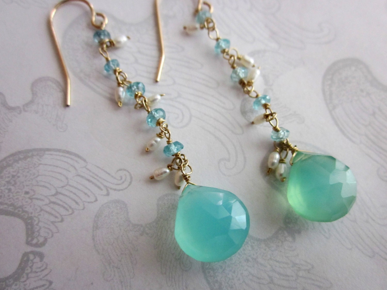 Aquamarine and Micro Seed Pearl Dangle Earrings