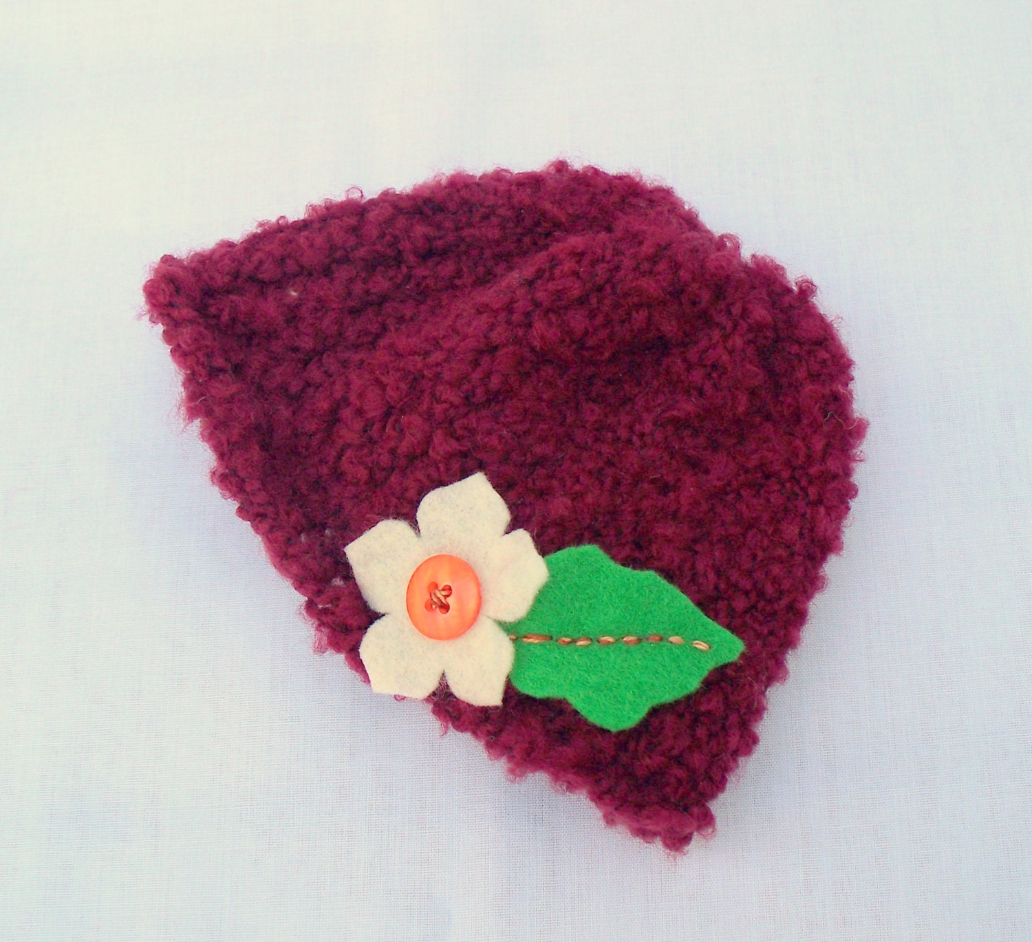 Crochet Doll Hat - Soft Maroon Hat- with felt flower - Fits 18 inch doll or American Girl Doll