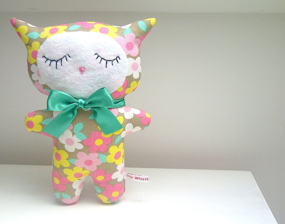 Cat Plush in Springtime Pastel Pop Flowers, Plush Kitten, Soft Toy, Mint, Pink and Yellow