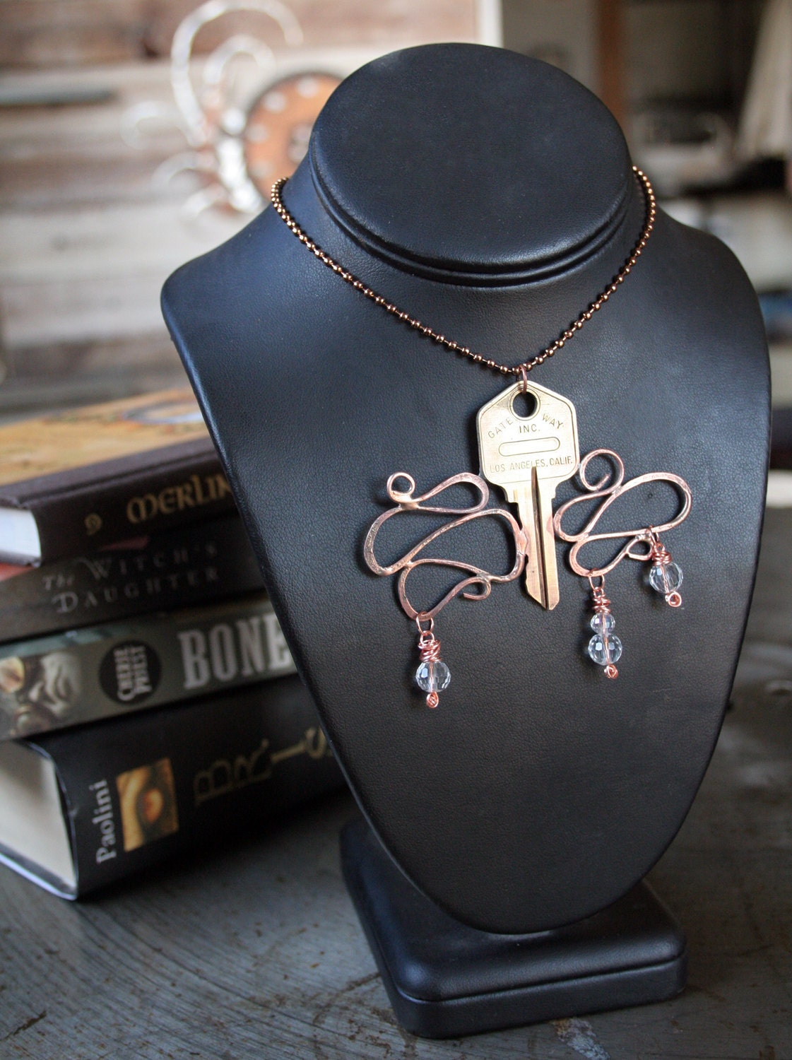 Key Necklace with Hand Formed Copper & Crystal Accents