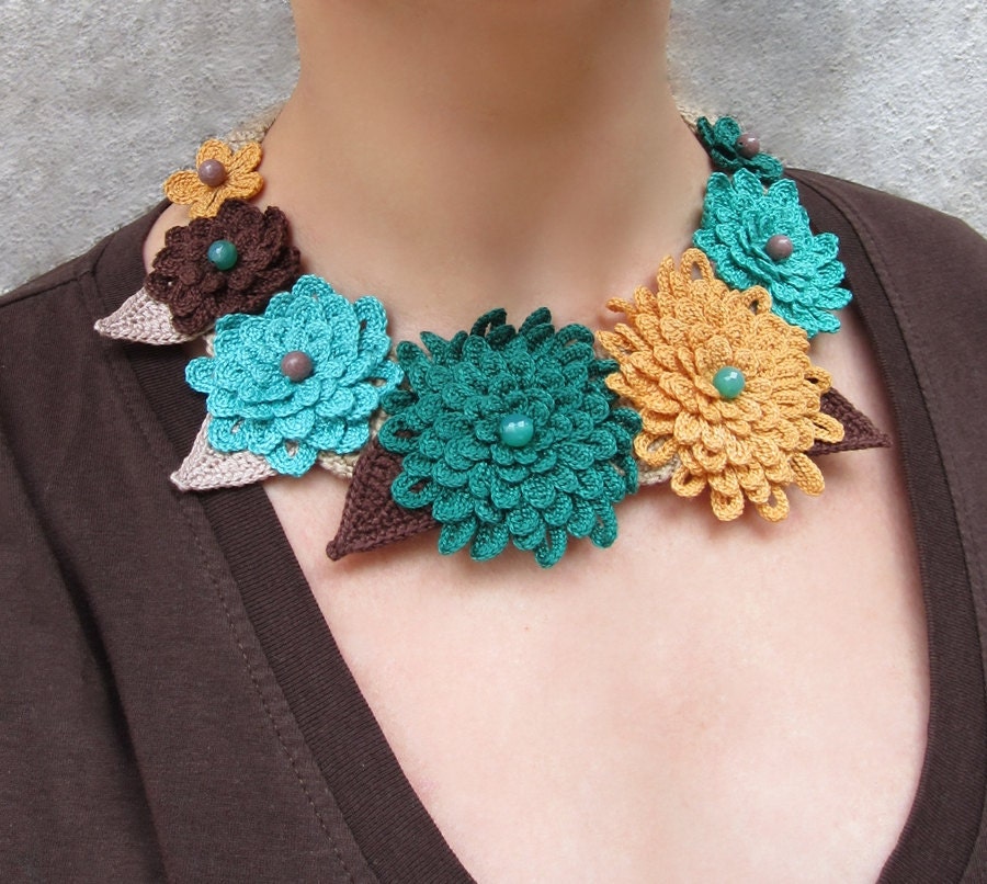 RESERVED for FRANCESCA - Flowers, leaves, crochet, fall, autumn, cotton yarn, mint green, mint, ochre, mustard, chocolate brown, ecru