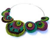 Multicoloured cotton yarn crocheted necklace, acid green, emerald green, purple, brown, beads, freeform, summer, spring