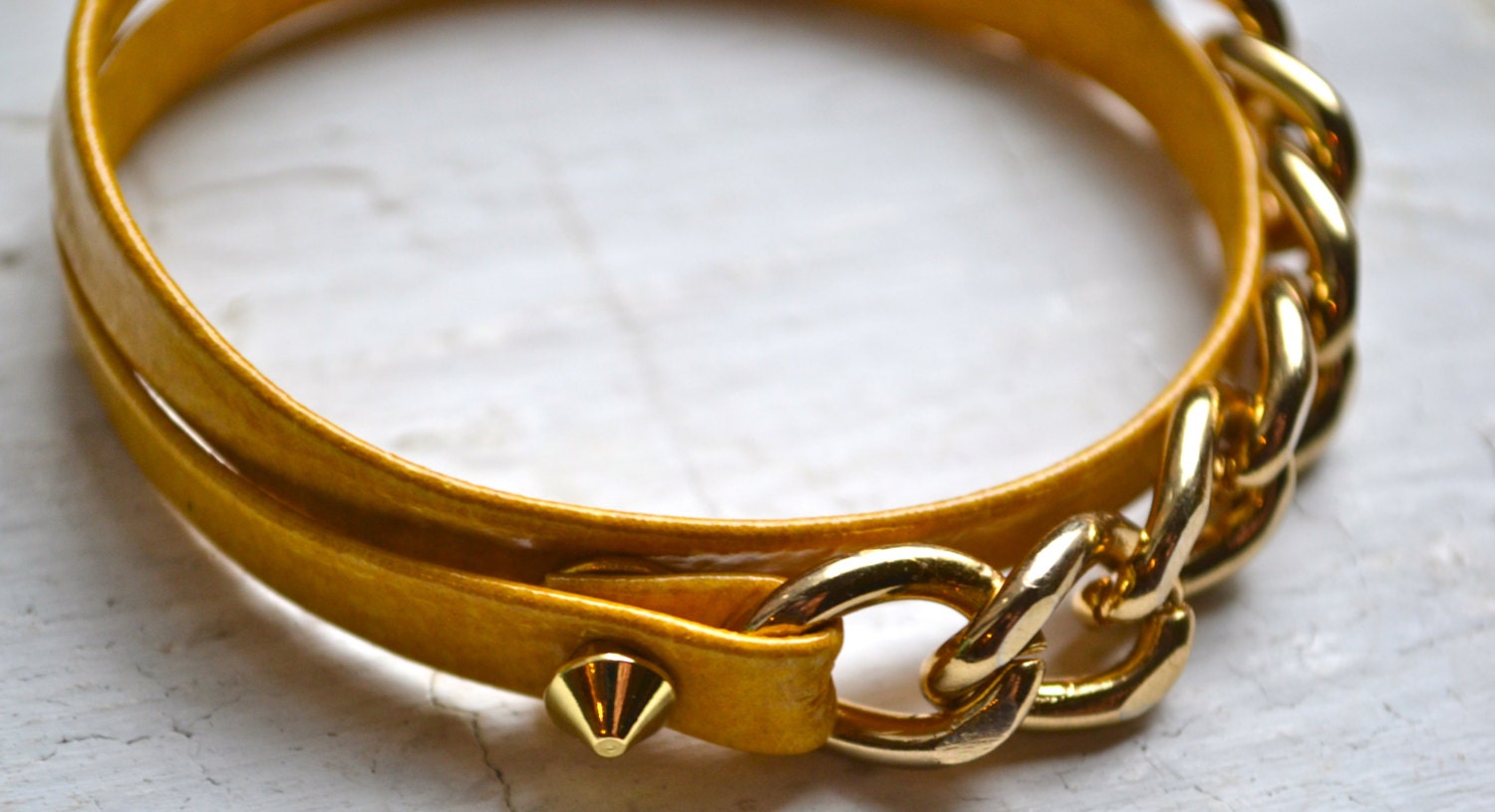 mustard yellow double wrap thin leather stud spike and chain layering bracelet