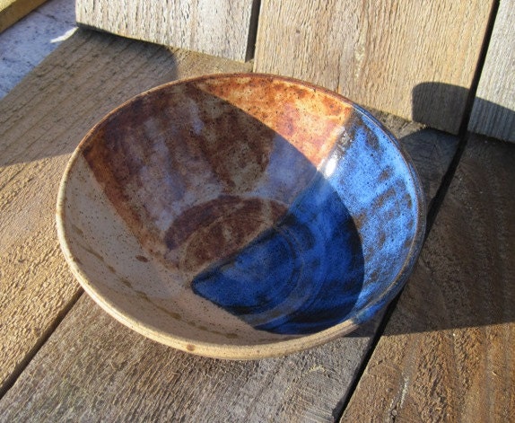 Pottery Bowl, Abstract Design with Blue & Brown Glaze