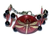 Steamgoth Neo Victorian Bracelet -  Red Czech Glass Art Deco Dragonfly and Black Onyx