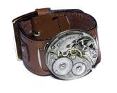 Steampunk Bracelet - Vintage style leather band and Silver Tone Pocket Watch Movement