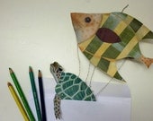 DIY Printable PDF Sea Turtle and Fish Card, Cute Animals, For Kids, Green, Yellow, Paper Puppet