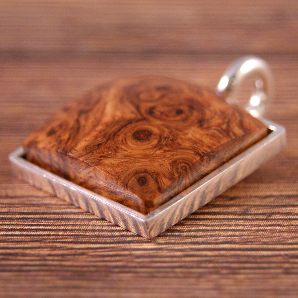 Wooden Pendant: Southeast Asian Amboyna Burl in Sterling Silver Bezel (PE-002)